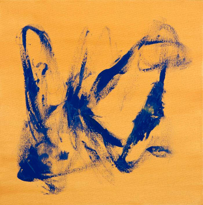 An abstract oil painting of blue herons. The canvas is painted yellow and the herons are a deep purple-blue color.